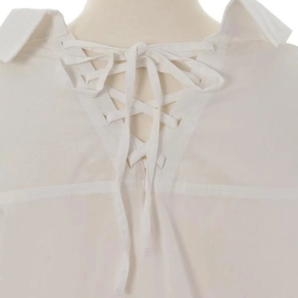 LIZ LISA White Open Back Lace Up Blouse Puff Sleeves NWT - Picture 3 of 5